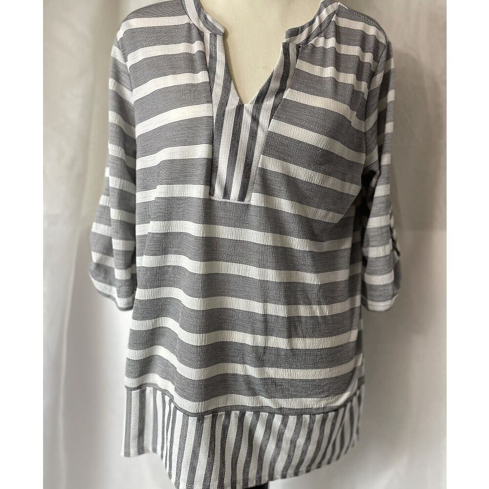 Ava James Women's Tunic Large 3/4 Sleeve V-Neck Striped Beachy Nautical